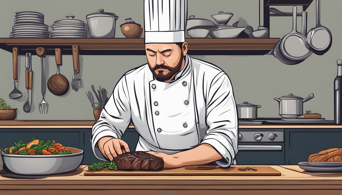 A chef nervously inspects a rare venison steak with a worried expression