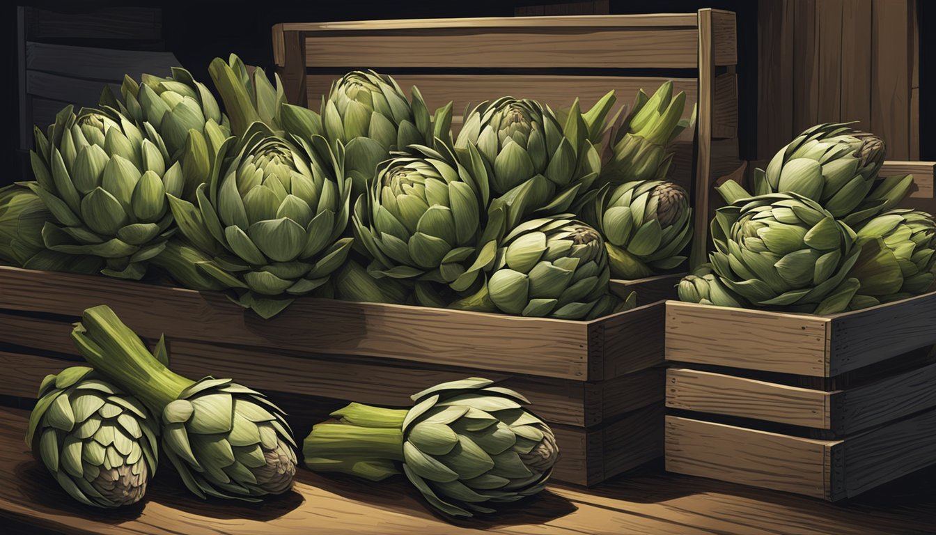 A wooden crate filled with fresh artichokes, some still attached to their stems, sits in a cool, dimly lit storage room