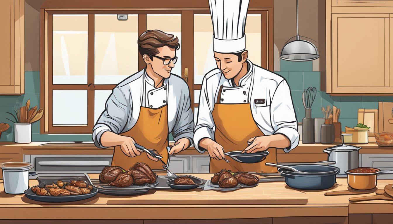 A chef grills quail on a clean, well-lit kitchen counter, using a meat thermometer to ensure thorough cooking