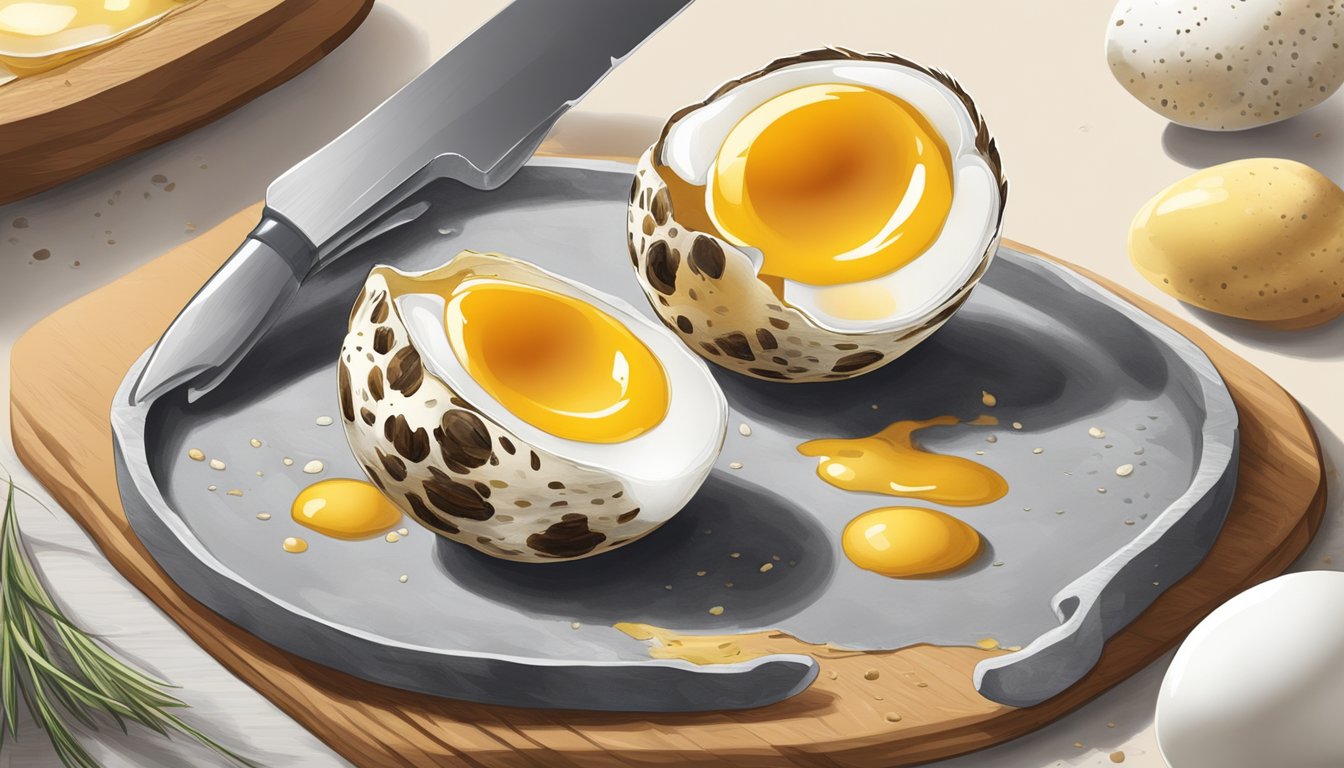 A quail egg being cracked open with a runny yolk spilling out onto a cutting board