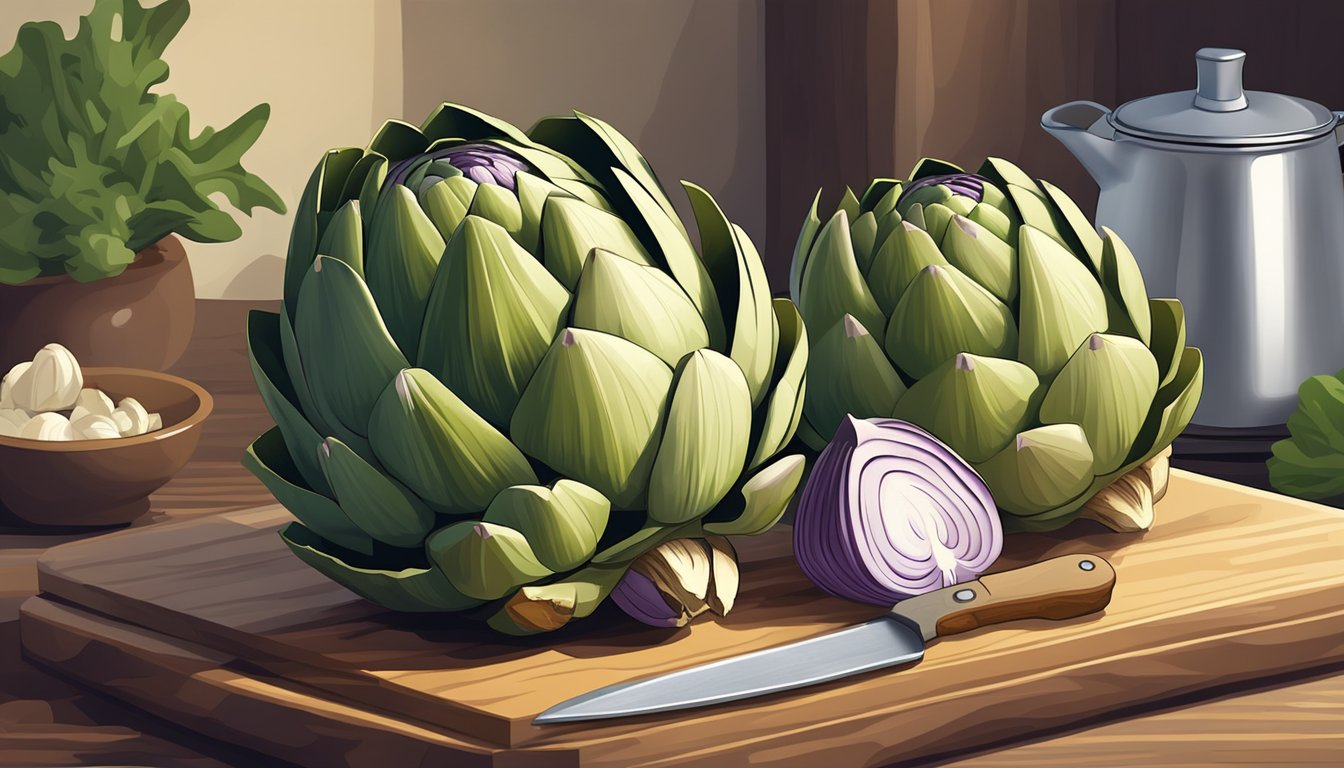 A whole raw artichoke next to a cooked artichoke on a cutting board, with a knife and pot in the background