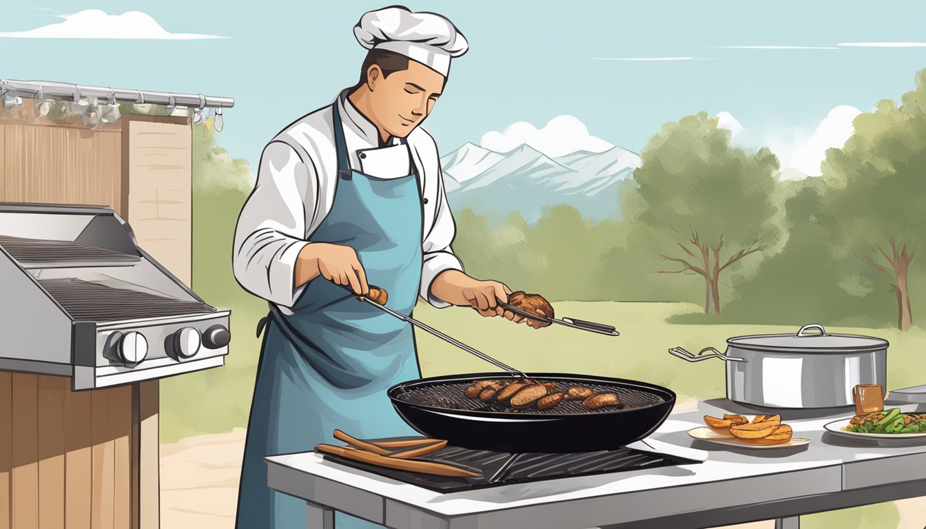 A chef grilling quail meat on a barbecue, with a thermometer nearby to check for doneness