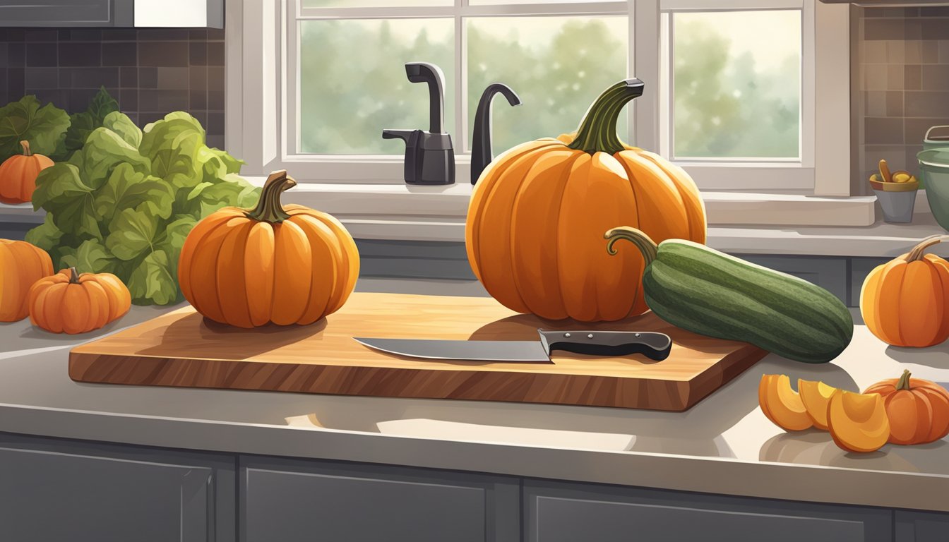 A ripe pumpkin surrounded by fresh produce, a cutting board, and a knife on a clean kitchen counter