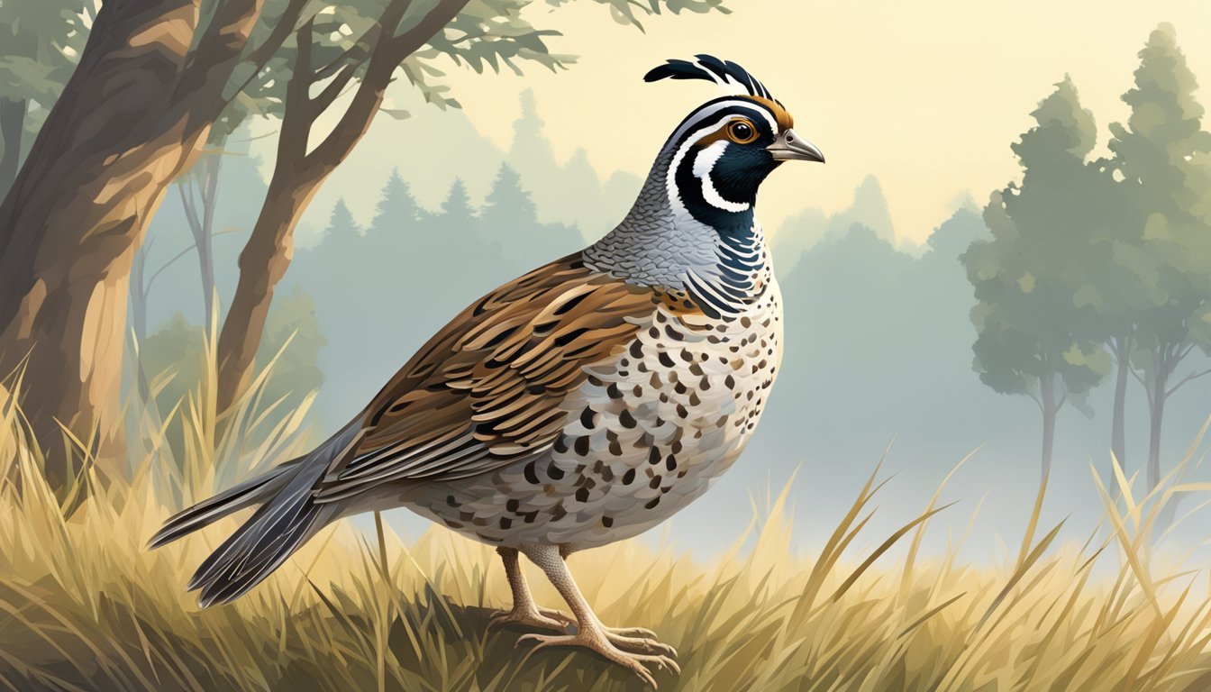 A quail standing in a natural environment with trees, grass, and a clear sky