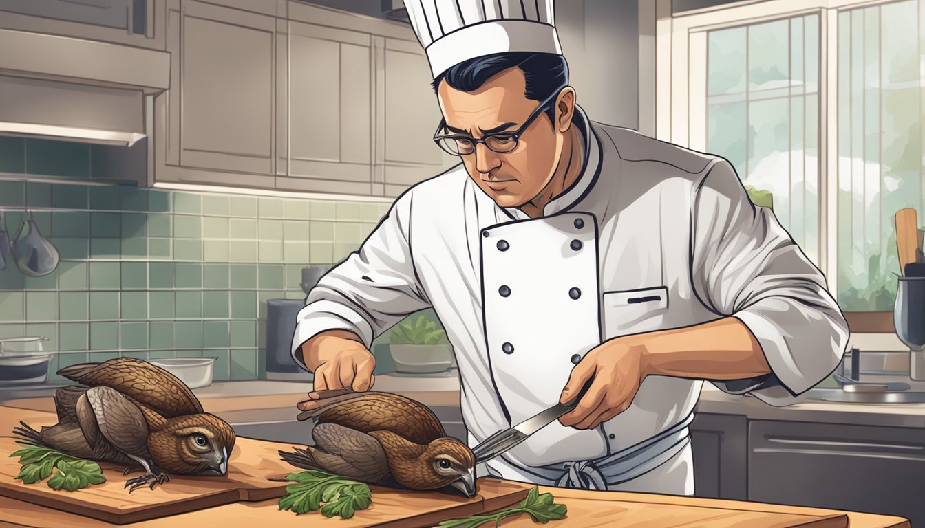 A chef with a concerned expression inspecting a partially cooked quail on a cutting board