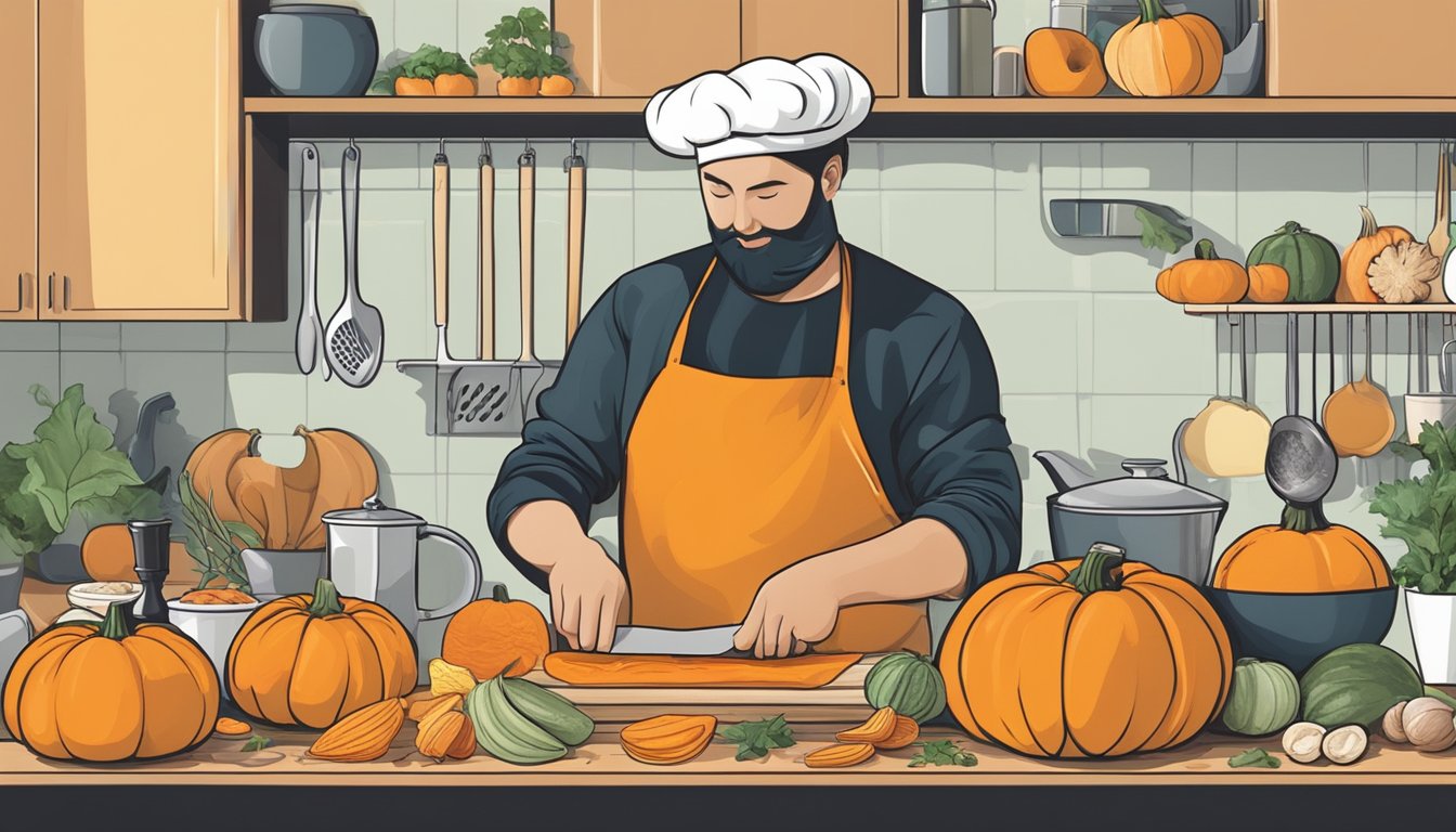 A person slicing a raw pumpkin, surrounded by various kitchen utensils and ingredients