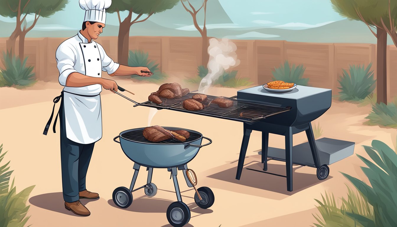 A chef grilling ostrich meat on a barbecue, with a thermometer checking the internal temperature