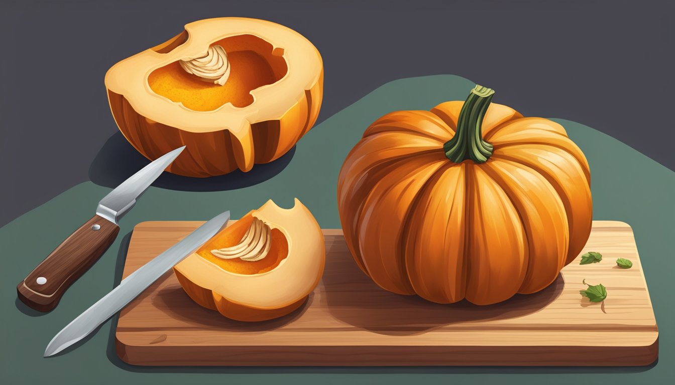 A whole pumpkin split in half, one side raw, the other side cooked, sitting on a wooden cutting board with a knife nearby