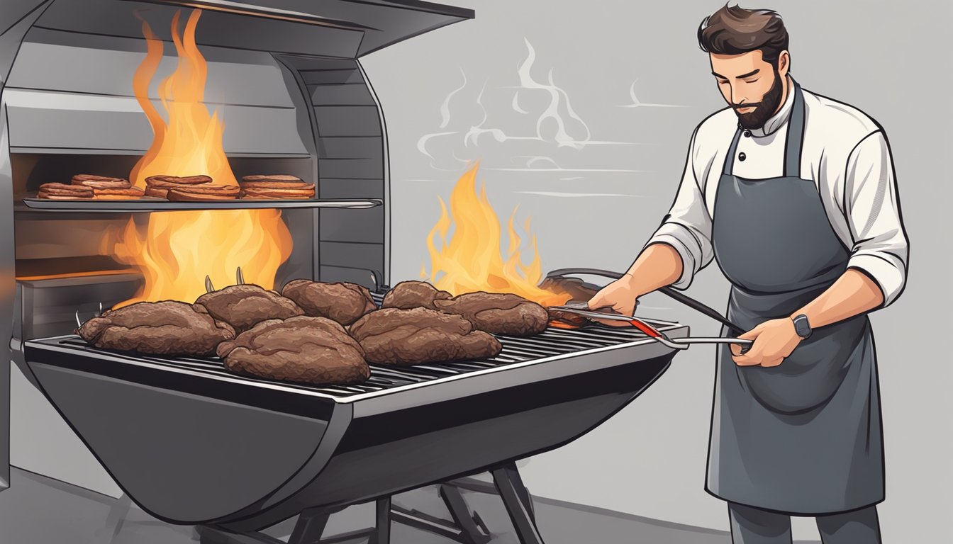 An ostrich meat being cooked to perfection on a sizzling hot grill, with a chef using a meat thermometer to ensure it is cooked to the right temperature