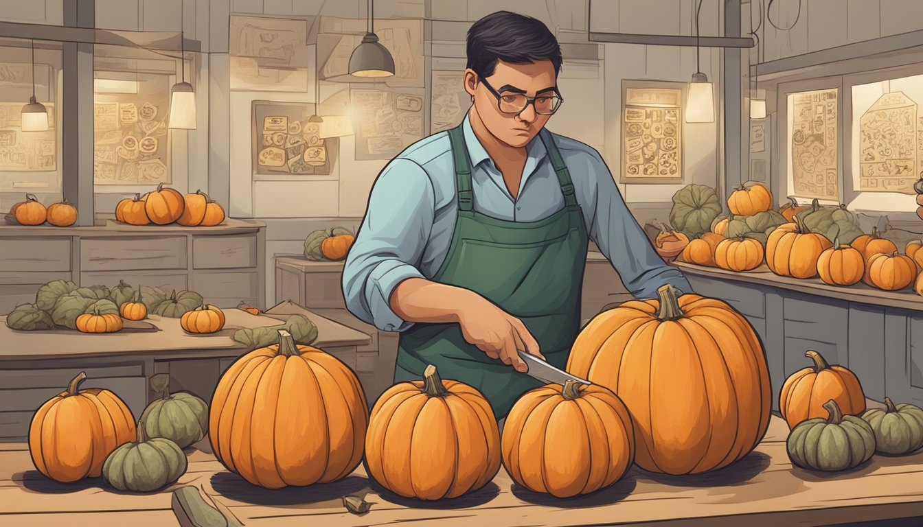 A person cutting and inspecting a raw pumpkin with a cautious expression, surrounded by warning signs and symbols