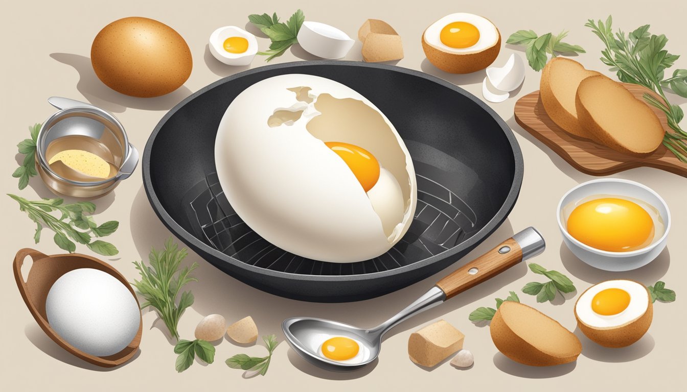 An ostrich egg cracked open, revealing partially cooked yolk and white, surrounded by various kitchen utensils and ingredients