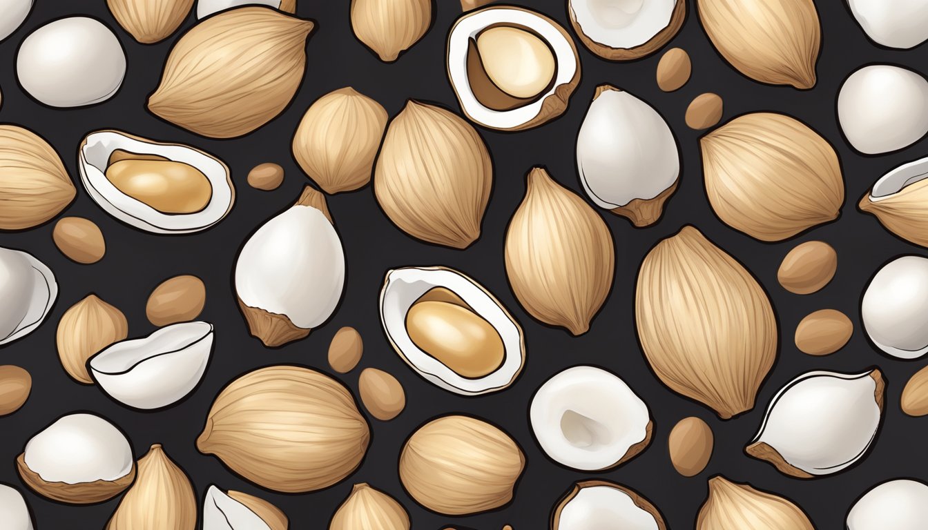 A pile of raw macadamia nuts surrounded by their shells, some cracked open to reveal the creamy, rich nut inside