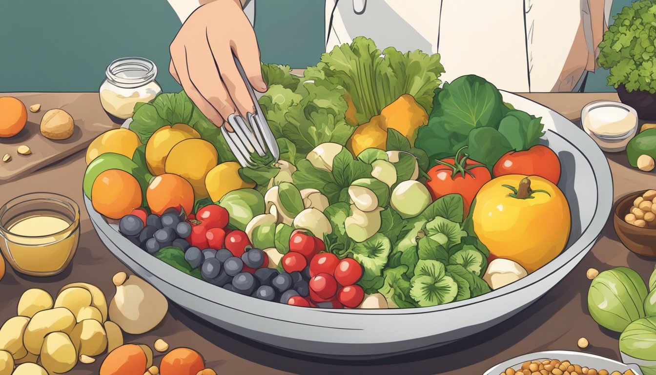 A bowl of raw macadamia nuts surrounded by various fruits and vegetables, with a person preparing a salad in the background