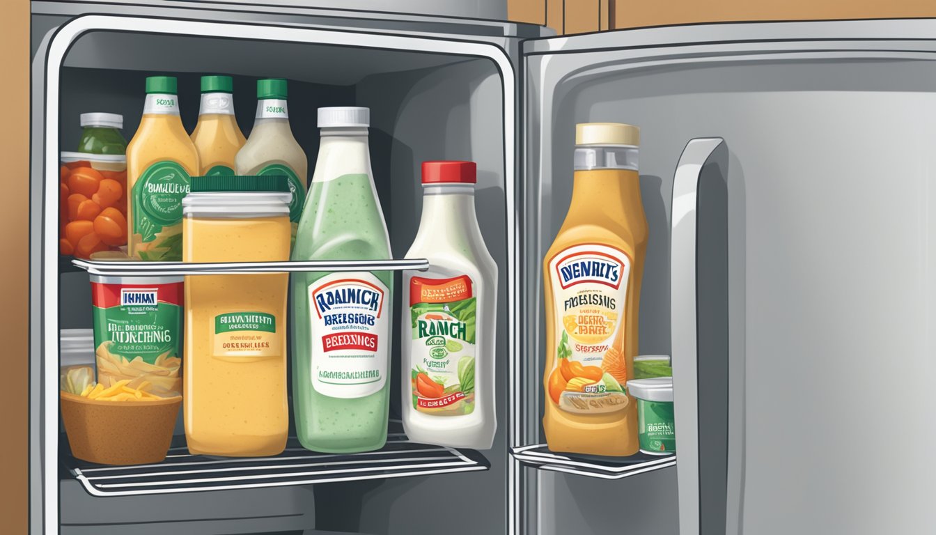 A bottle of ranch dressing sits in a refrigerator, surrounded by other condiments. The label shows an expiration date, and the bottle is sealed