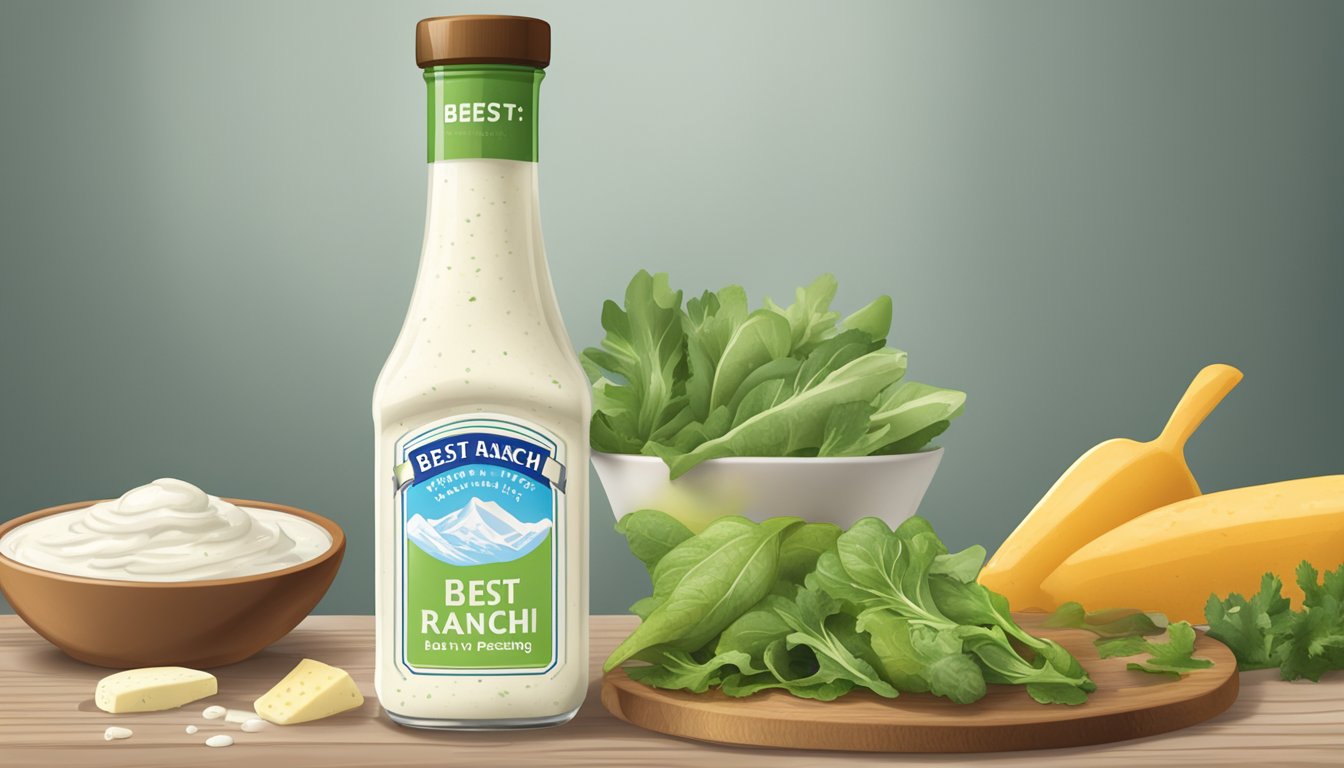 A bottle of ranch dressing with a "best by" date passed, surrounded by various food items and a question mark