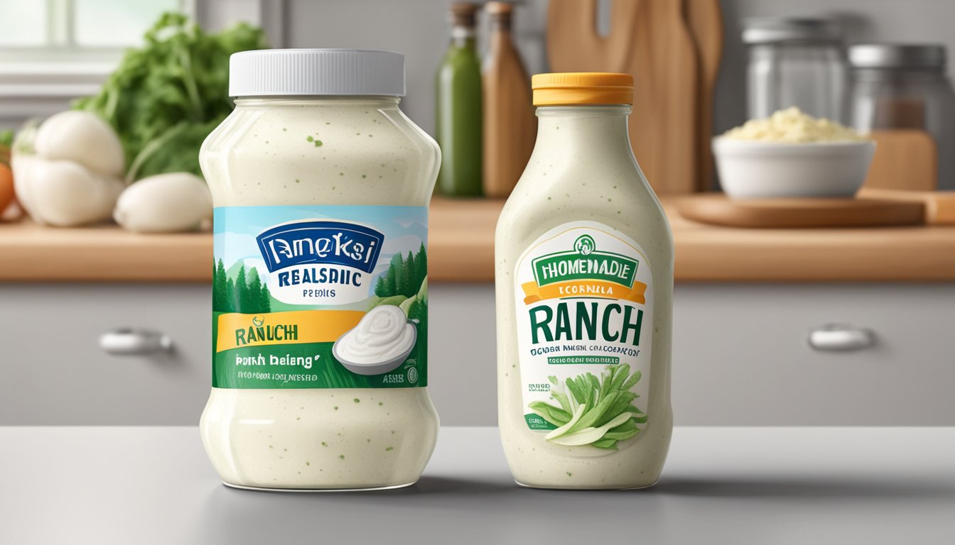 A bottle of store-bought ranch dressing sits next to a jar of homemade ranch on a kitchen counter. The store-bought bottle has an expiration date visible on the label