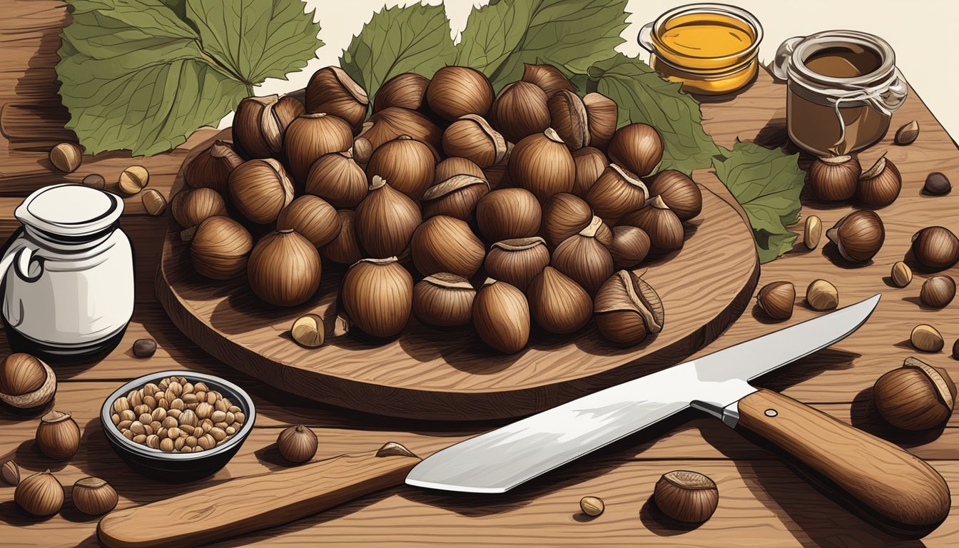 A pile of fresh chestnuts on a wooden cutting board, surrounded by various kitchen utensils and ingredients, with a chef's knife poised to slice into one of the chestnuts