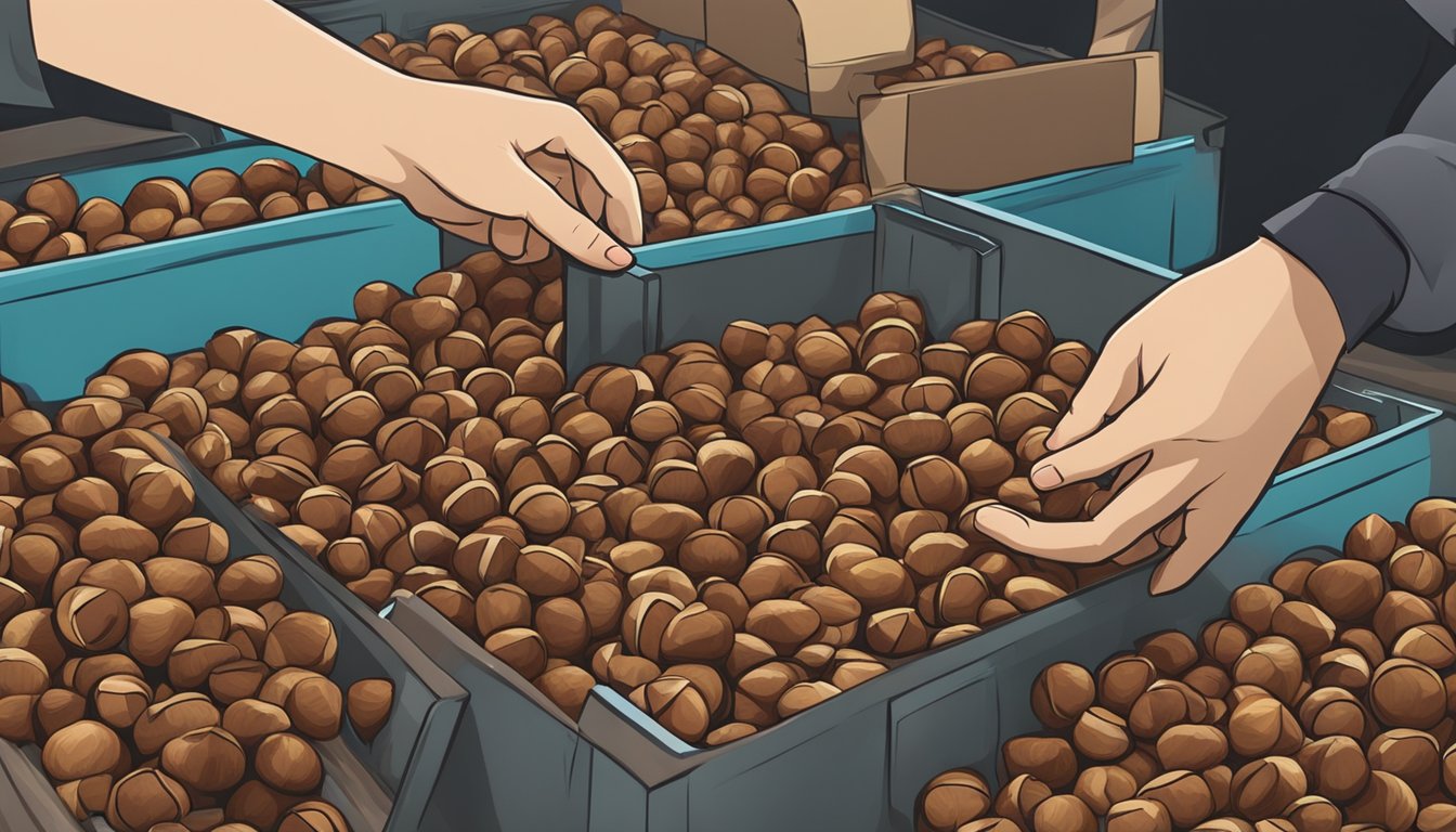 A person holding a bag of chestnuts, examining them for freshness. Another person placing the chestnuts in a cool, dry storage container