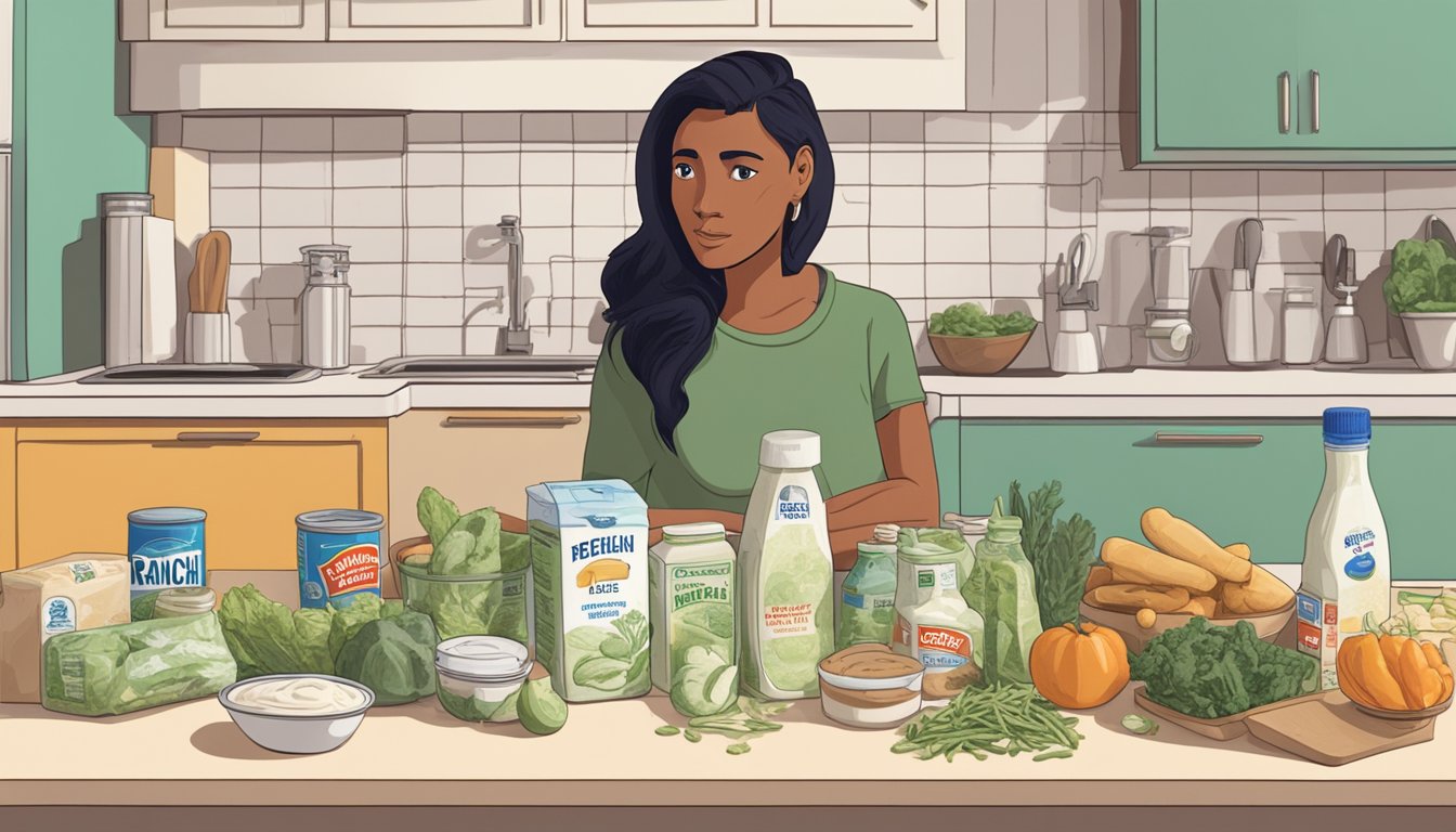 A bottle of ranch dressing sits on a kitchen counter, surrounded by various expired food items. A concerned expression is on the face of a person nearby