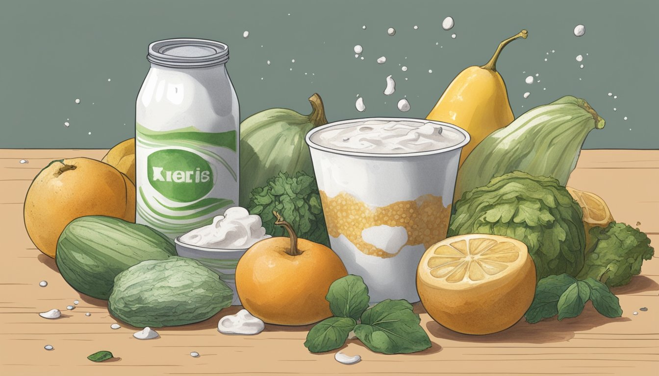 A carton of expired yogurt drinks sits on a kitchen counter, surrounded by moldy fruit and wilted vegetables. The drinks appear swollen and discolored, with a foul odor emanating from them