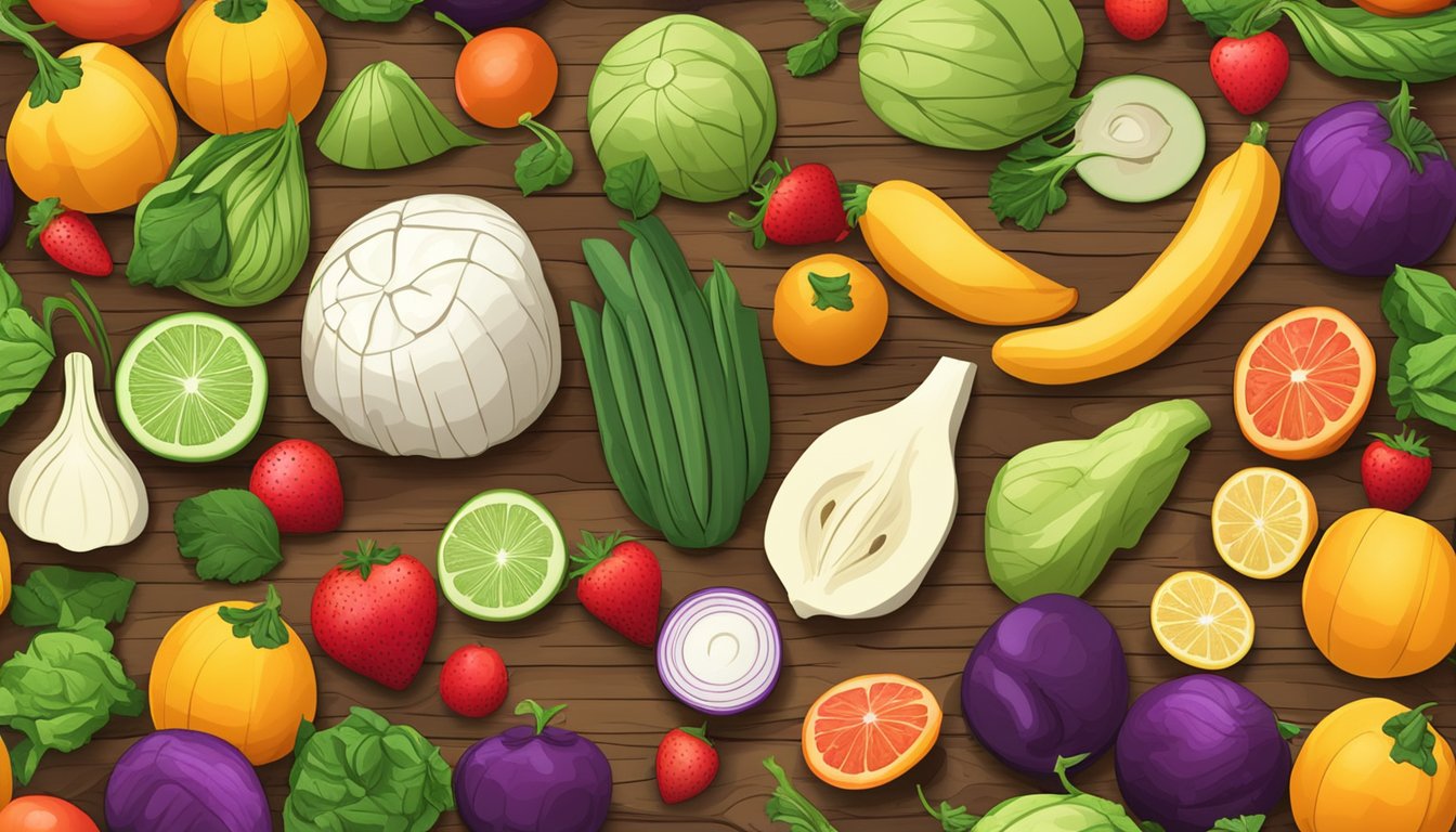 A colorful array of fresh jicama, sliced and arranged on a wooden cutting board, surrounded by vibrant fruits and vegetables