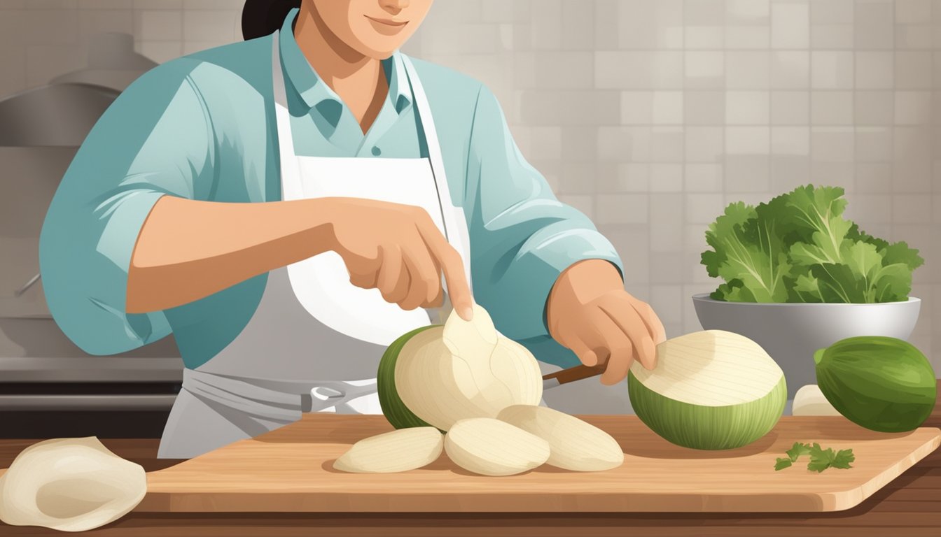 A chef slicing and peeling a jicama, with a plate of raw jicama slices on a wooden cutting board