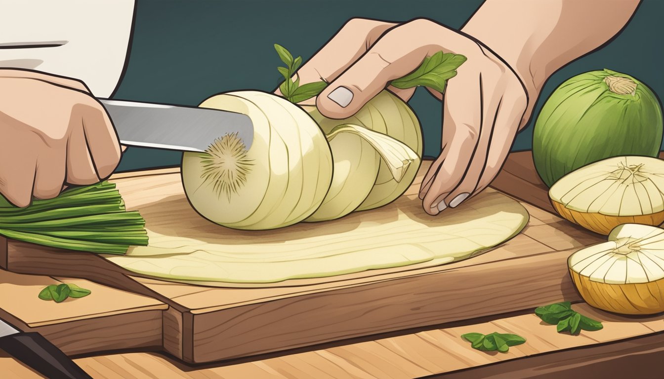 A person slicing and peeling a jicama with a knife on a cutting board