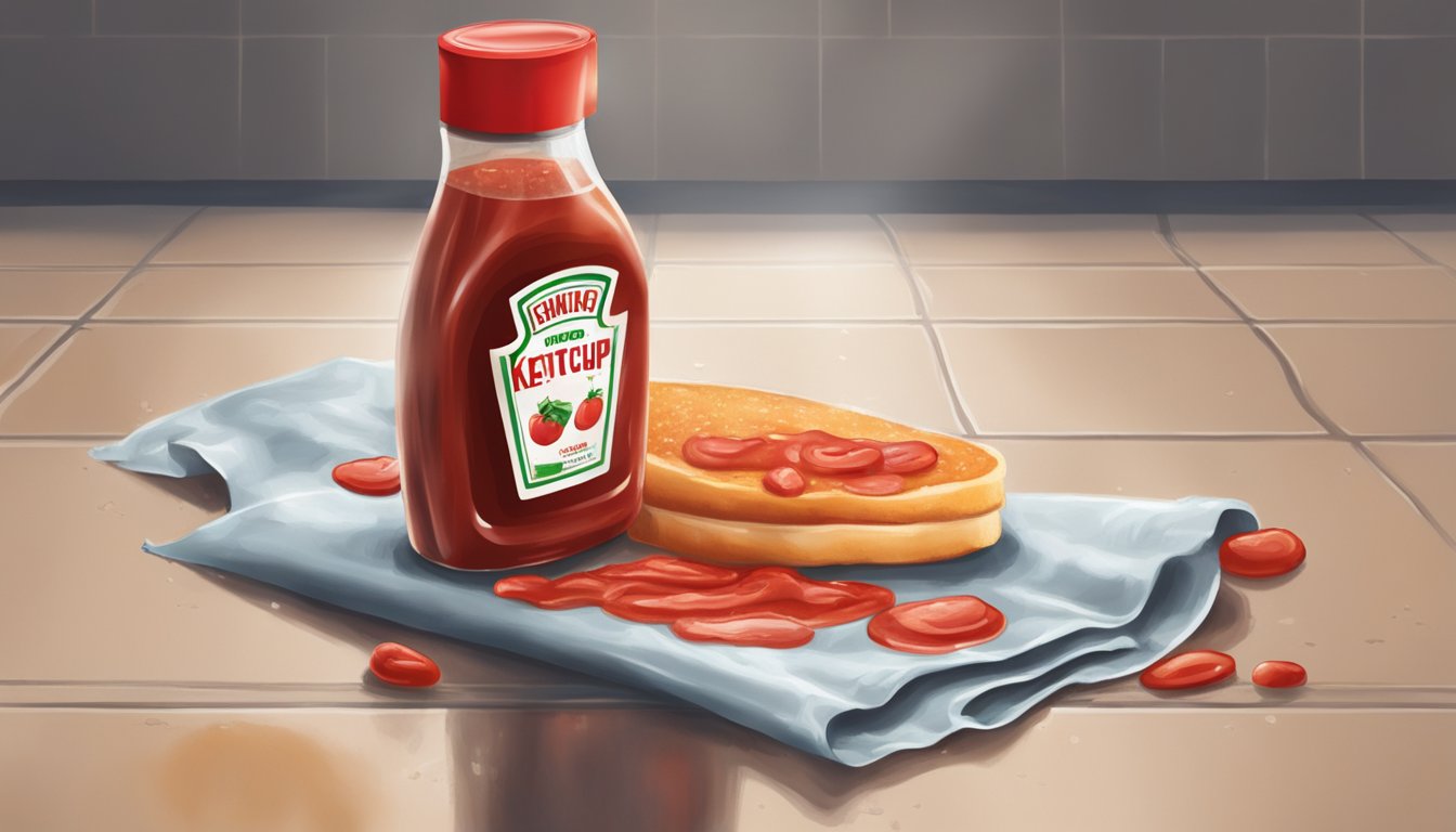 An open bottle of expired ketchup being used as a cleaning agent on a dirty surface