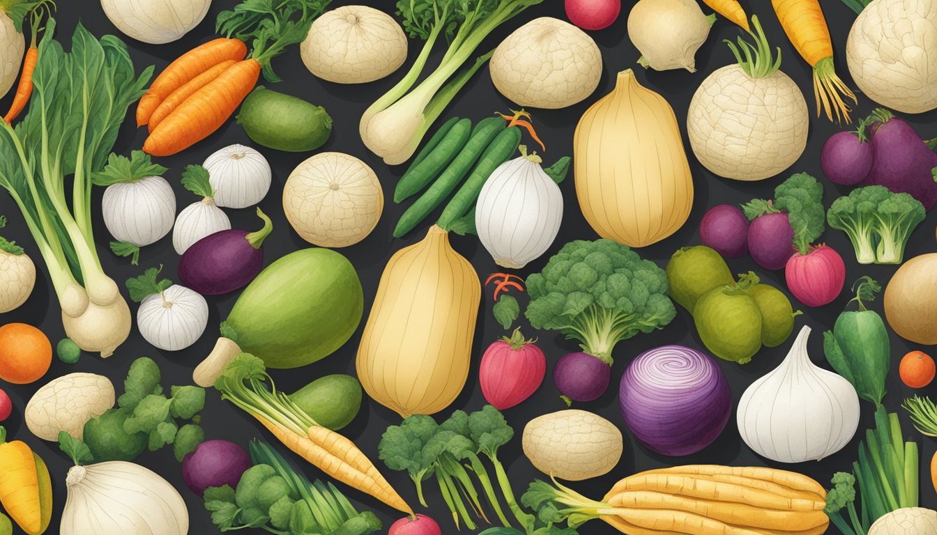 A colorful market display showcases jicama alongside other fresh produce from around the world