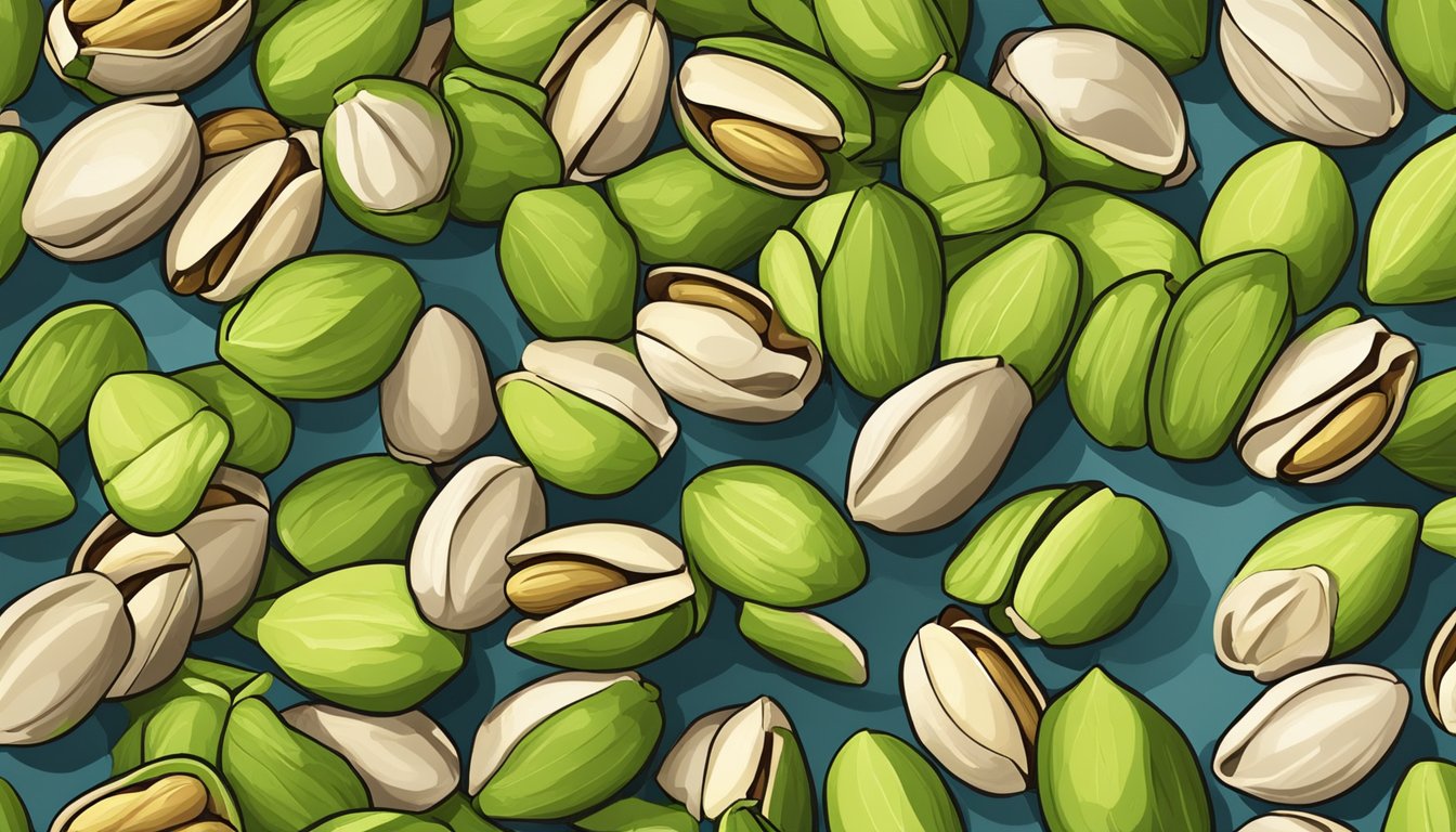 A pile of unshelled pistachios surrounded by cracked shells and a few open nuts