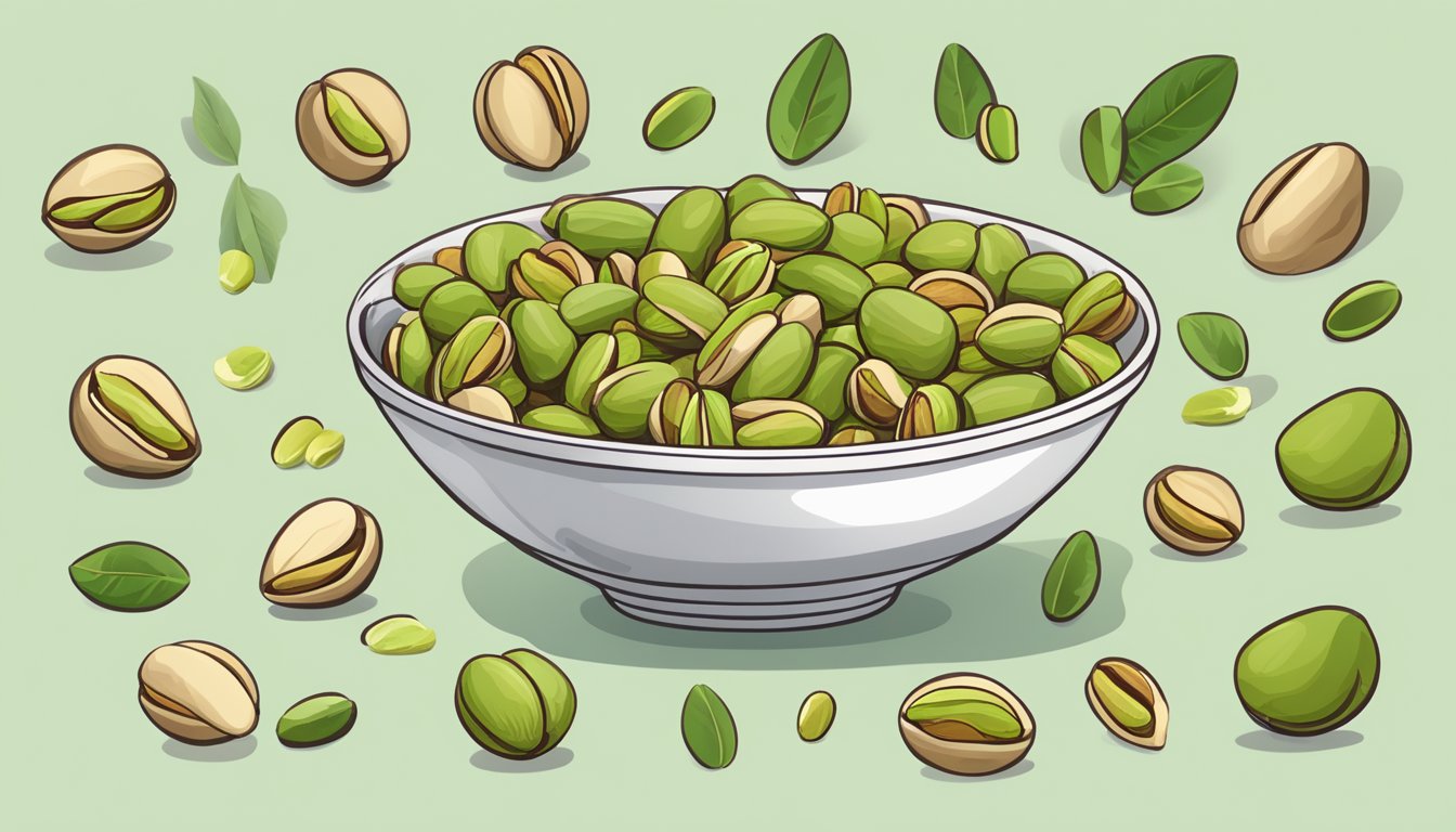 A bowl of raw pistachios surrounded by images of healthy heart, brain, and immune system