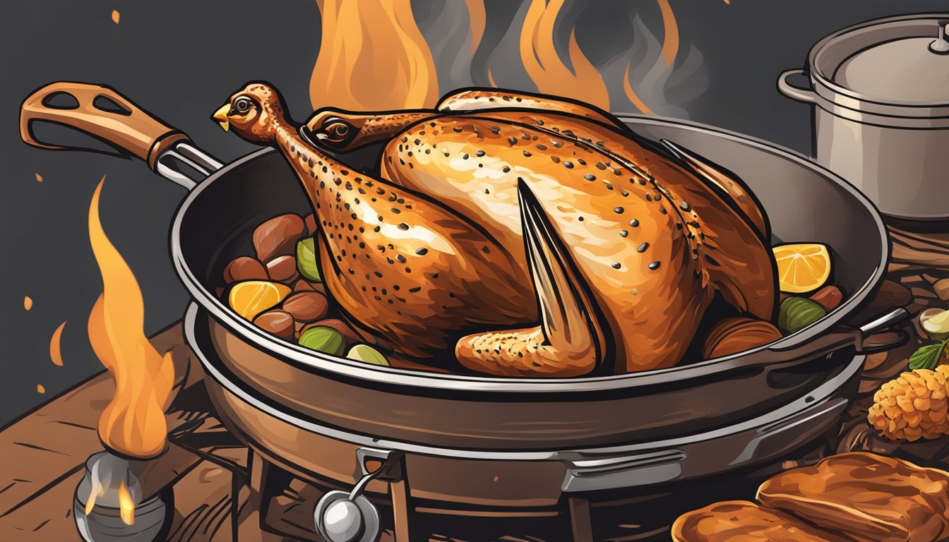 A pheasant roasting over an open flame, with golden brown skin and juices sizzling as it cooks