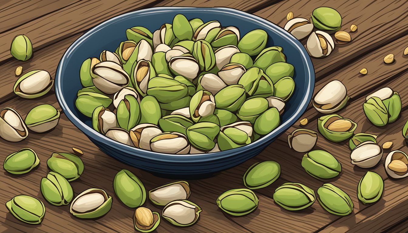 A bowl of raw pistachios surrounded by cracked shells and scattered nuts on a wooden table, with a small sign indicating "safety considerations when eating raw pistachios."