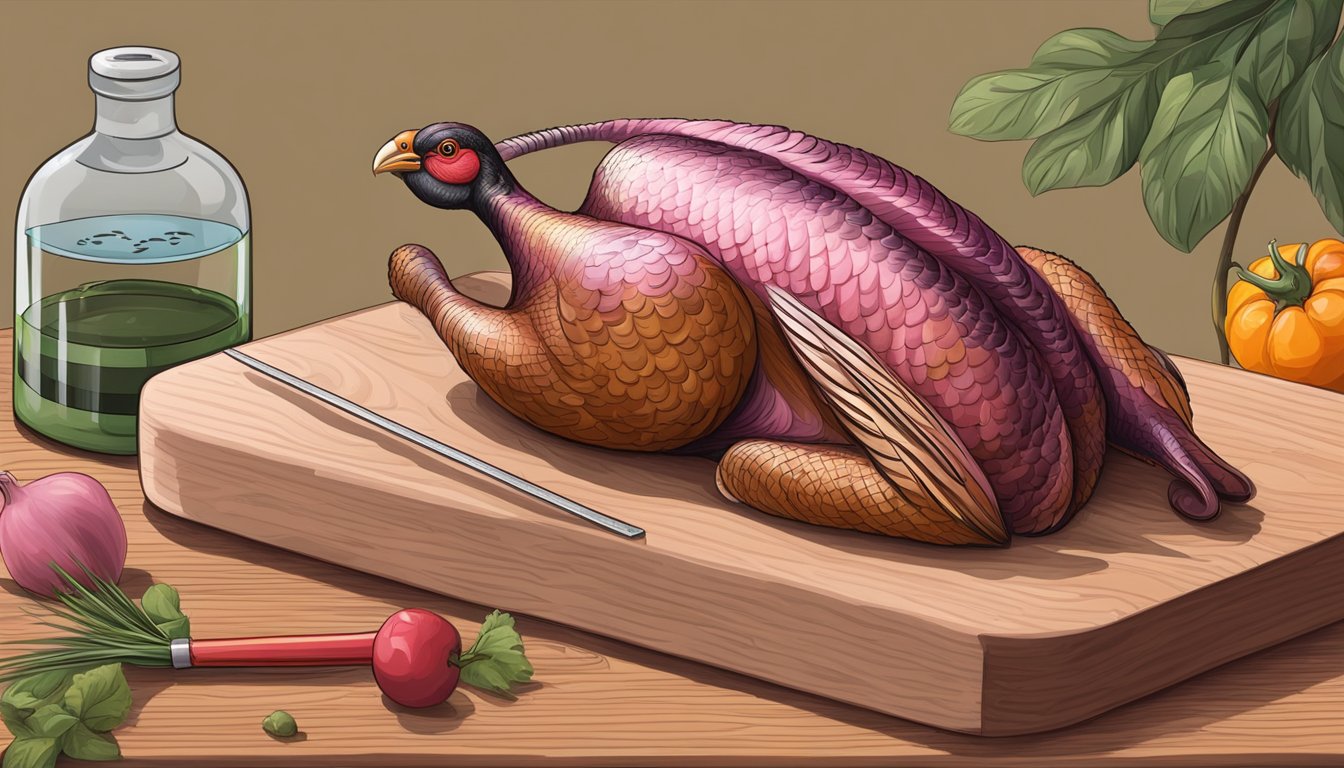 A raw, pink pheasant on a cutting board with a thermometer next to it