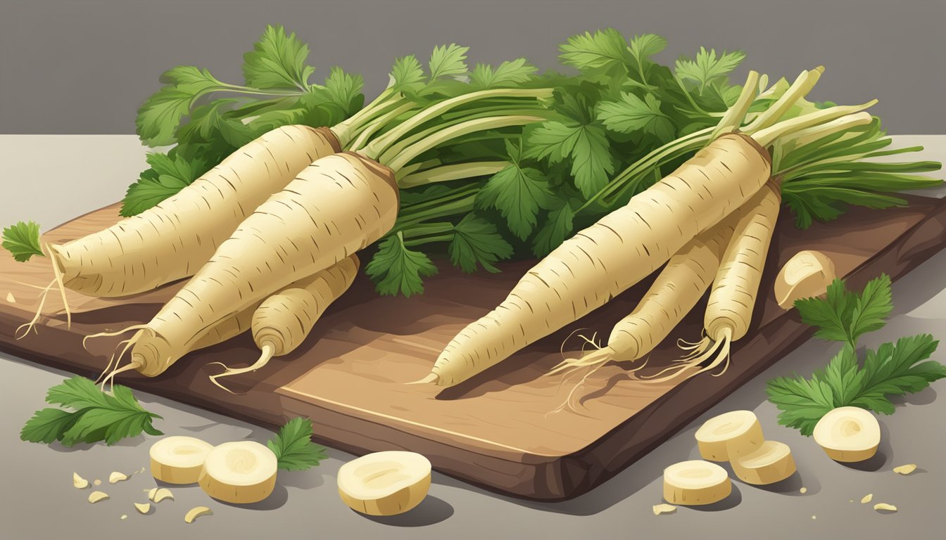 A pile of fresh parsnips with green leafy tops, a knife and cutting board, and a bowl of sliced parsnips