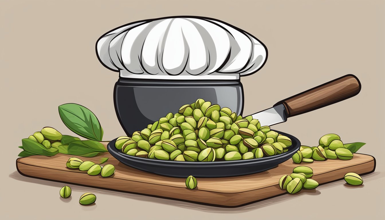 A pile of raw pistachios on a cutting board, surrounded by a knife and mortar and pestle. A chef's hat sits nearby