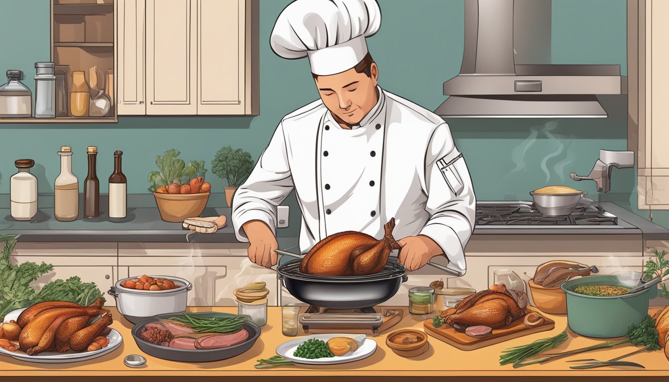 A chef uses a meat thermometer to ensure the pheasant is cooked to the safe internal temperature, while other ingredients and utensils are neatly organized on the kitchen counter