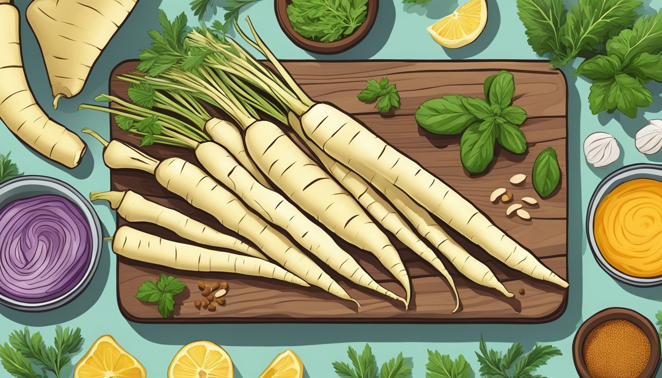 A colorful array of whole and sliced raw parsnips arranged on a wooden cutting board, surrounded by various fresh herbs and spices