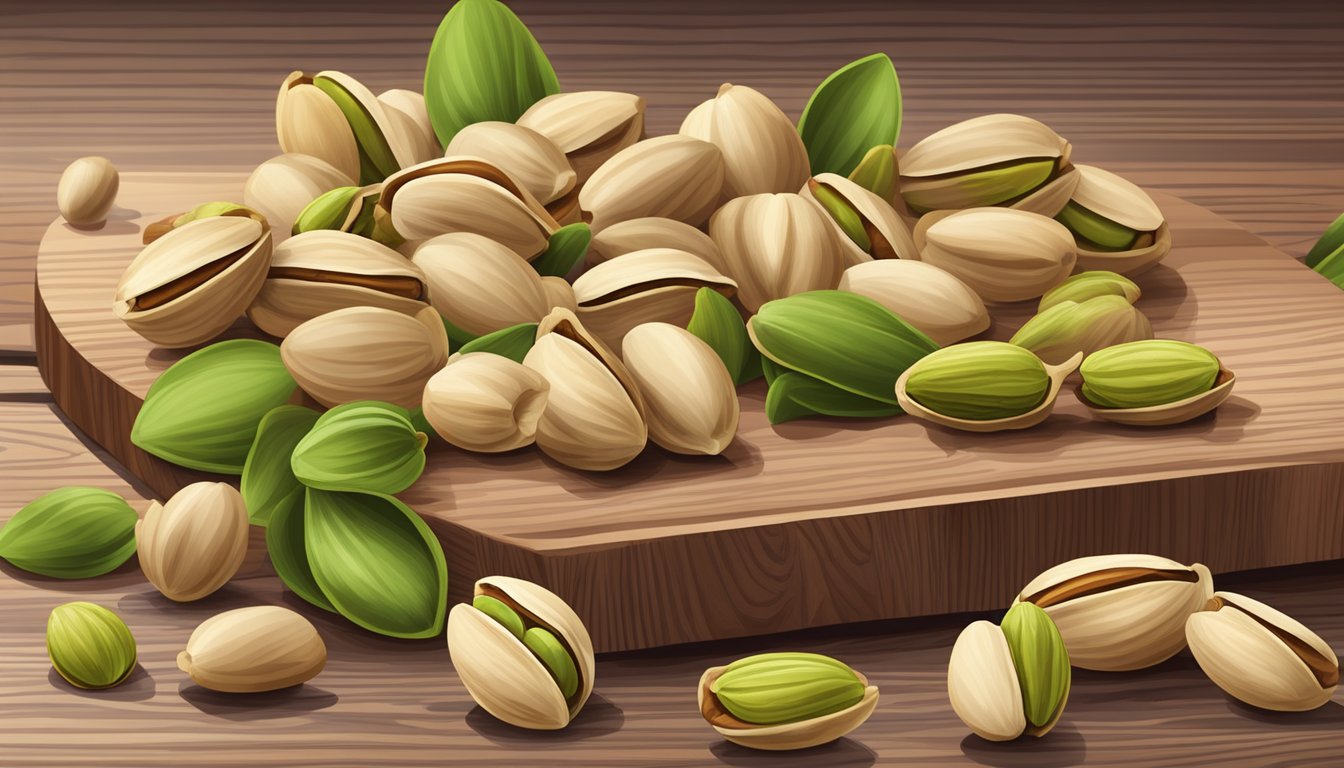 A pile of raw pistachios sits next to various other nuts, including almonds, walnuts, and cashews, arranged on a wooden cutting board