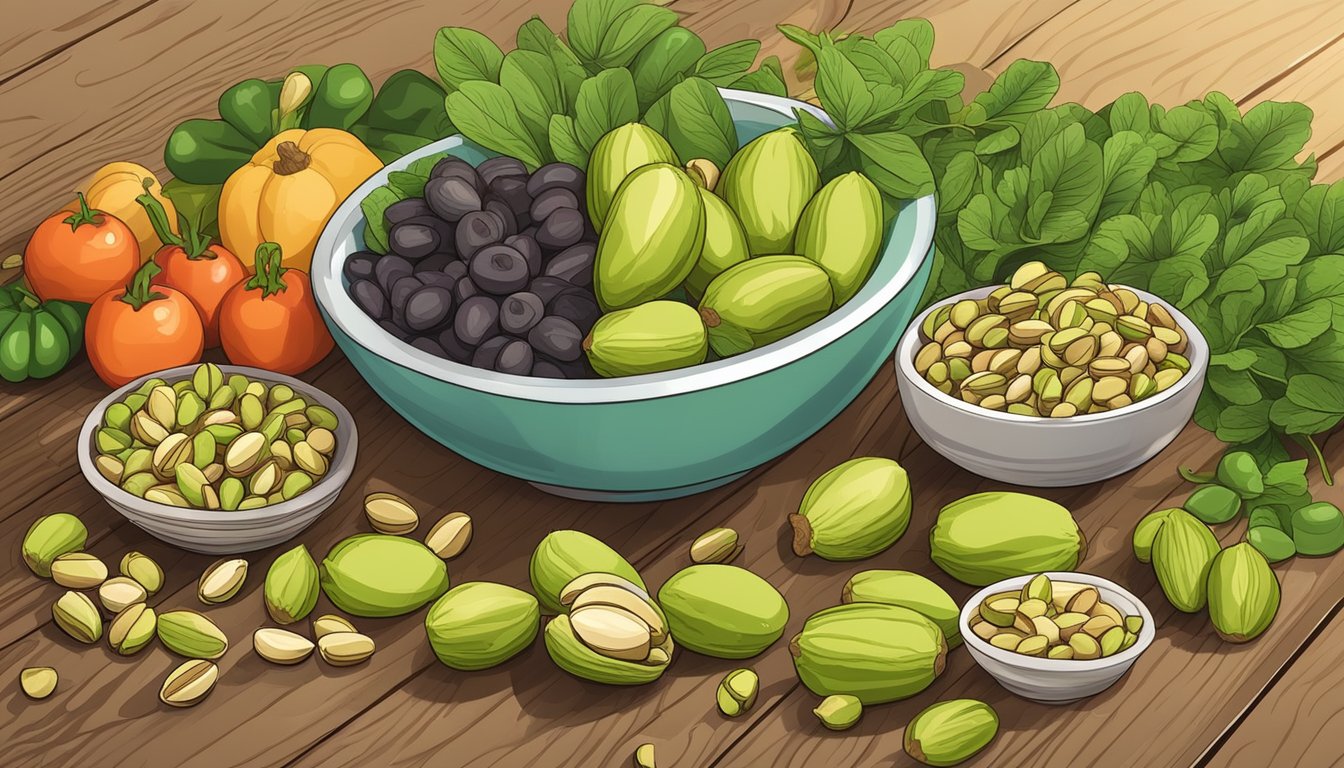 A bowl of raw pistachios surrounded by fresh fruits and vegetables on a wooden table