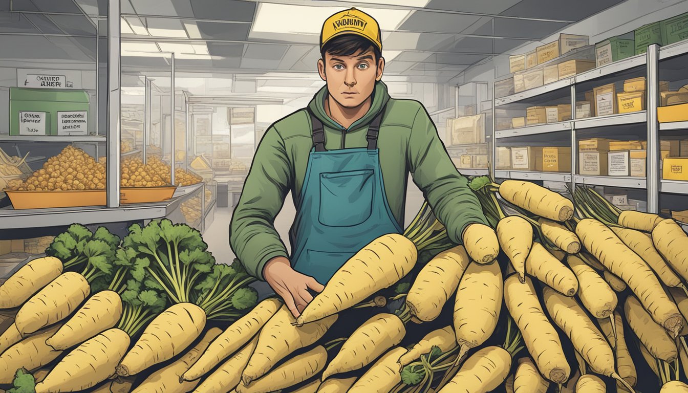 A person holding a raw parsnip with a concerned expression, surrounded by caution signs and a warning label