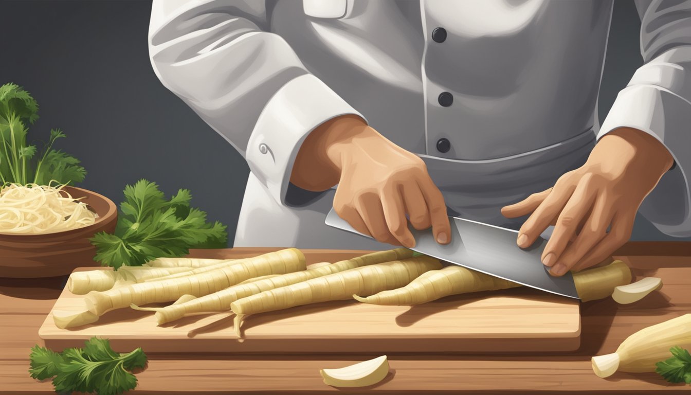 A chef slicing fresh parsnips on a wooden cutting board