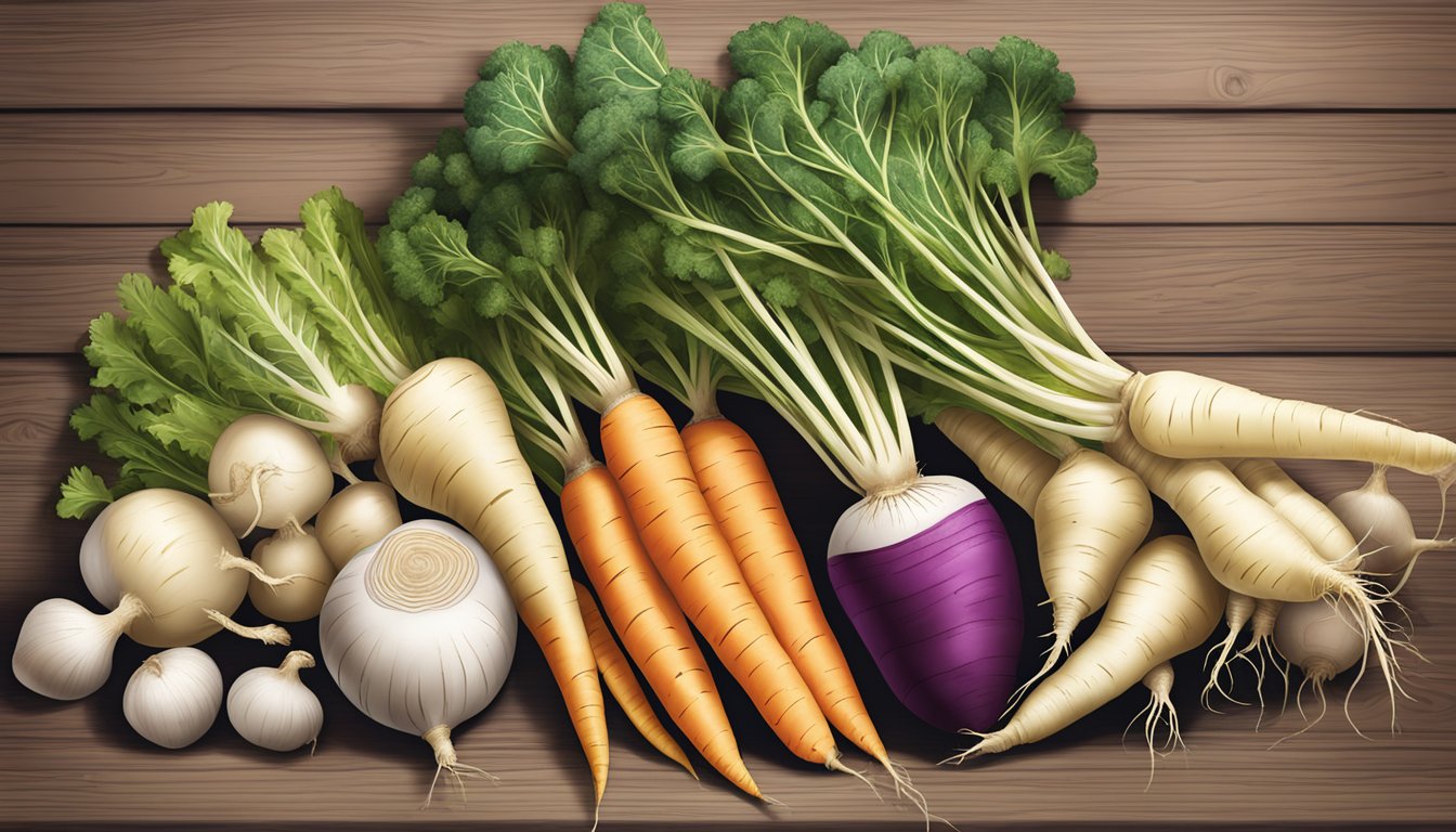 A table with various root vegetables - parsnips, carrots, and turnips - arranged for comparison