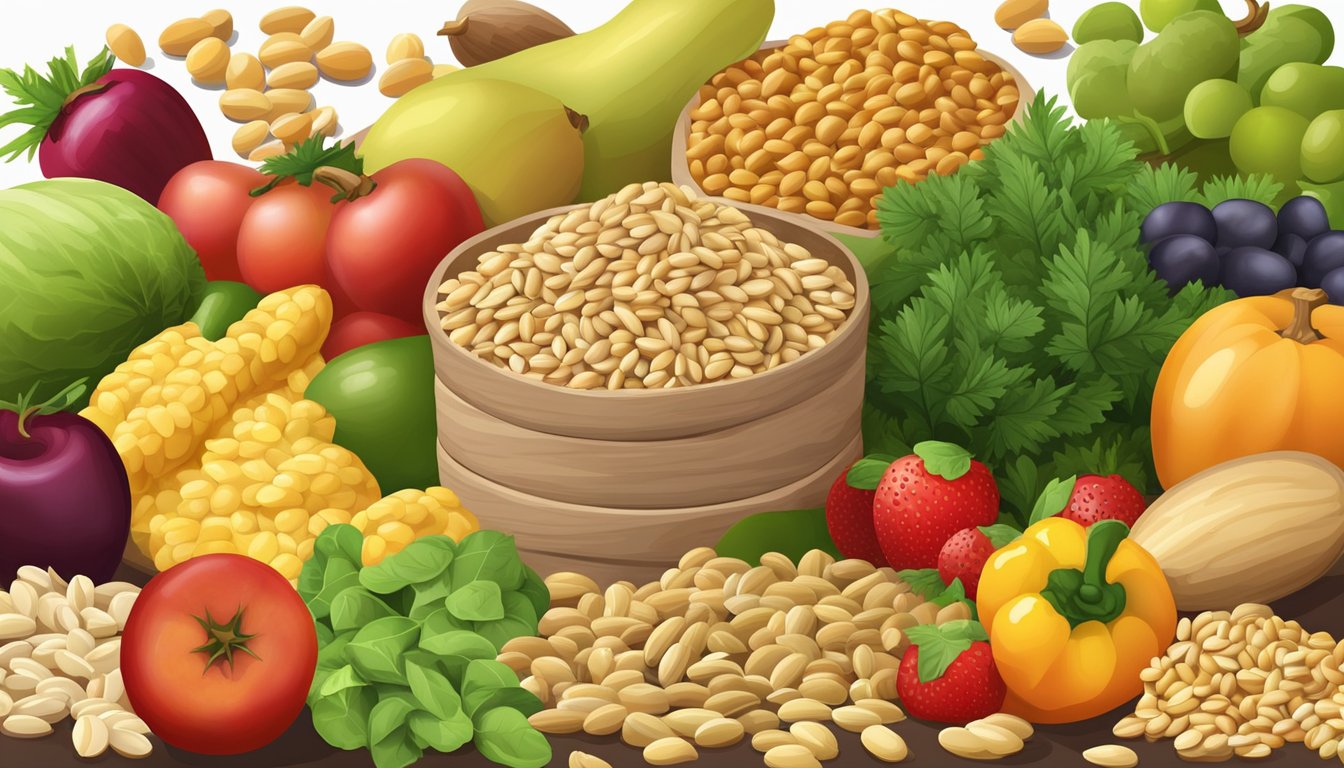 A pile of raw pine nuts surrounded by a variety of fresh fruits and vegetables, with a nutrition label displayed prominently