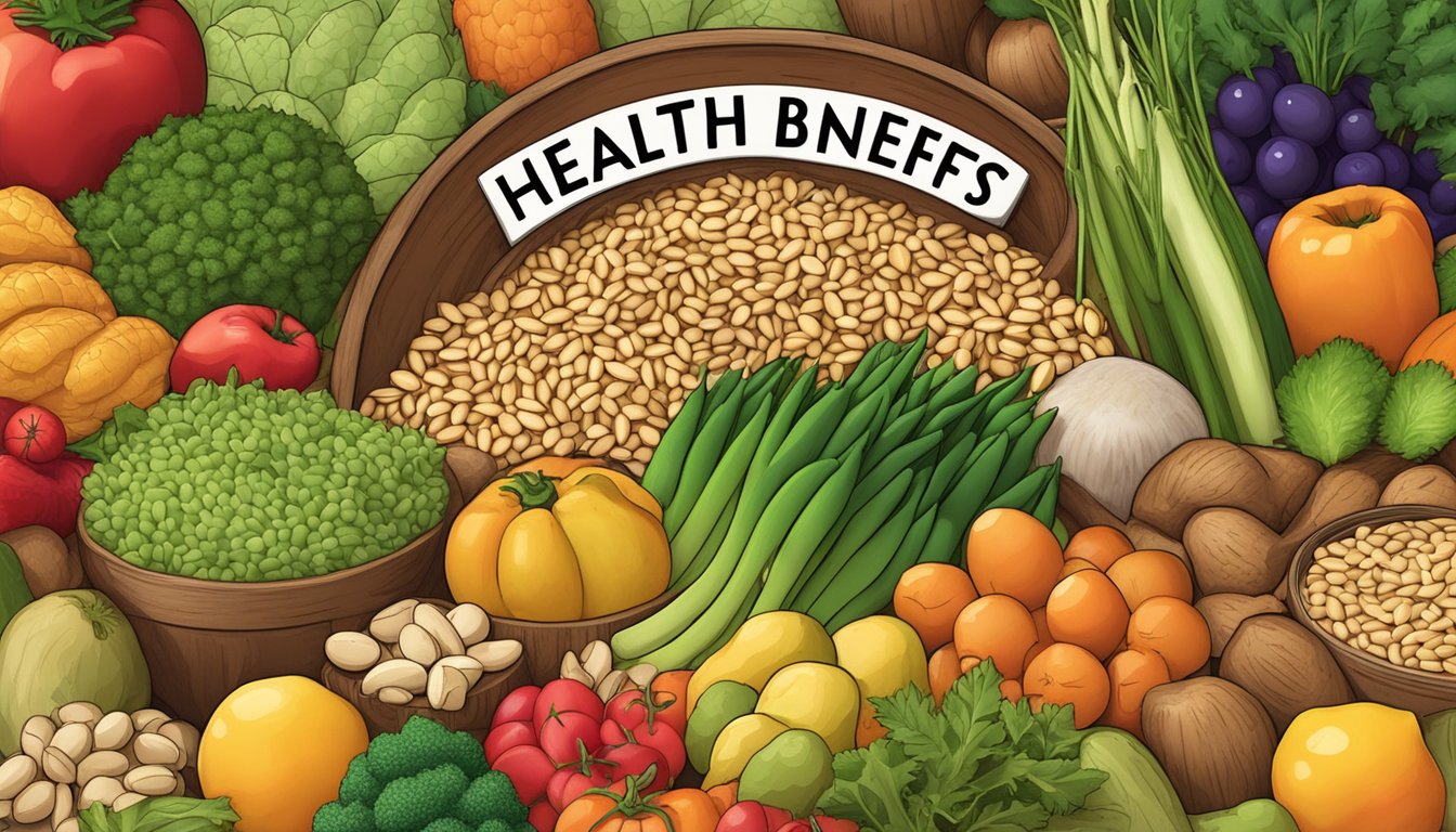 A pile of raw pine nuts surrounded by a variety of fruits and vegetables, with a sign reading "Health Benefits and Risks" displayed prominently