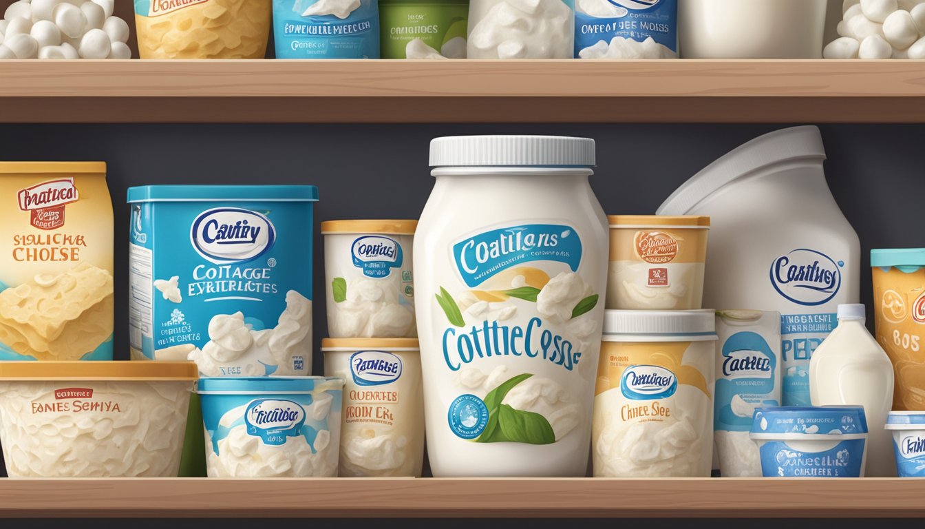 A carton of expired cottage cheese sits on a shelf, surrounded by other dairy products