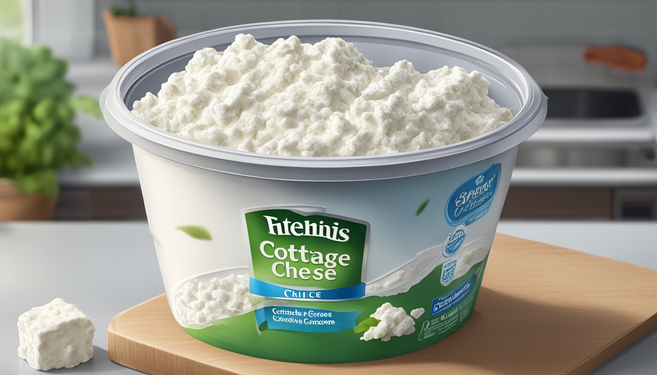 A carton of expired cottage cheese with mold growing on the surface, sitting on a kitchen counter