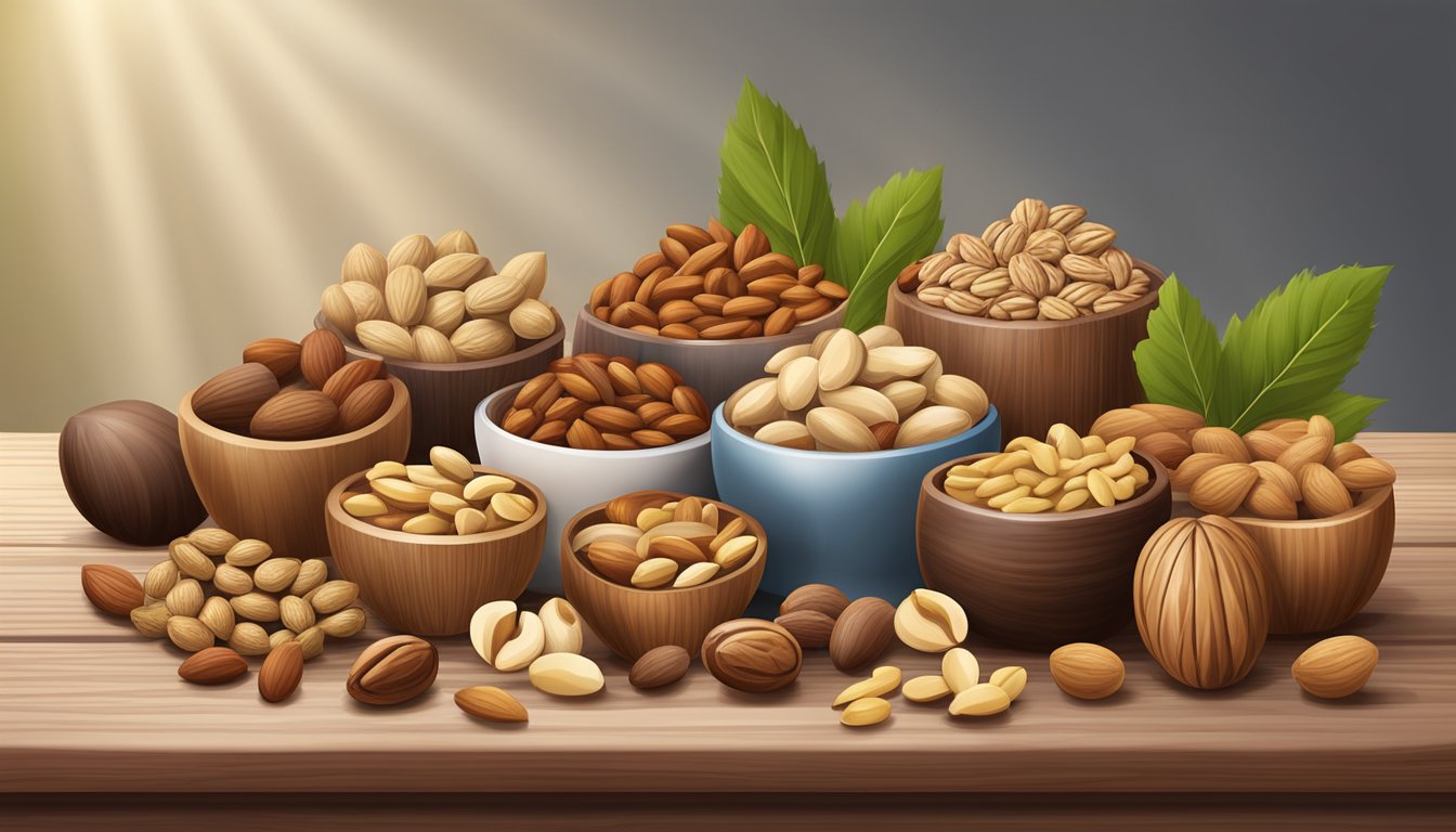 A variety of nuts arranged on a wooden table, including pine nuts, almonds, walnuts, and cashews