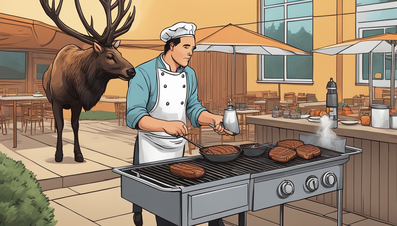 A chef grilling elk meat on a barbecue, with a concerned diner looking on