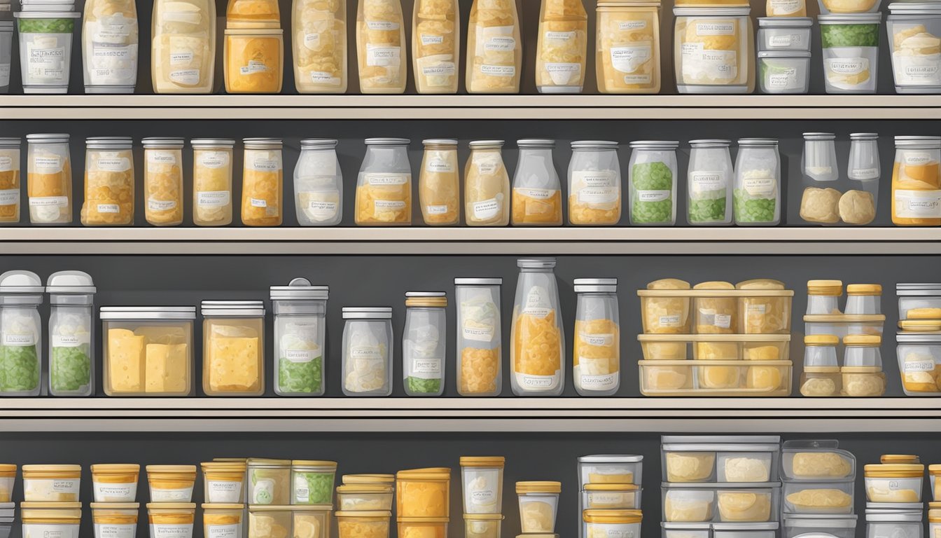 A refrigerator with shelves of cheese dip containers, all properly sealed and labeled with expiration dates